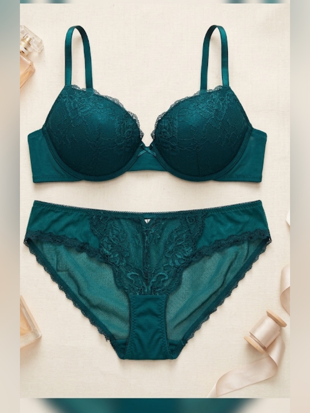 Adore Me Dark Teal Lace Push-Up Bra & Panty Set nwot large lingerie 36C viral - Picture 10 of 10